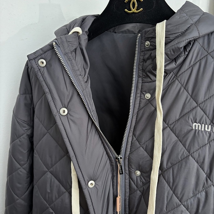 Letter Embroidered Argyle Quilted Long Sleeve Hooded Puffer Coat