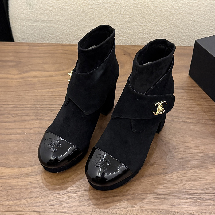 Black Suede Patent Cap Toe Chunky Heel Ankle Boots