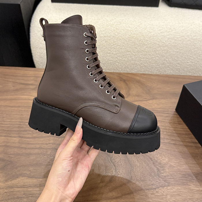 Brown Lace Up Chunky Lug Sole Boots With Black Toe Cap
