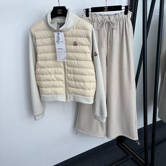 Embroidered Letter Patch Stand Collar Puffer Jacket And Fleece Wide Leg Lounge Set