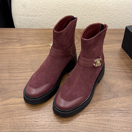 Burgundy Suede Chunky Heel Ankle Boots With Metal Buckle