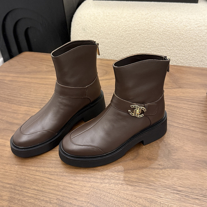 Brown Leather Ankle Boots With Chunky Heel And Buckle