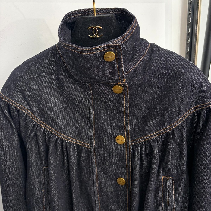 Letter Button Stand Collar Long Sleeve Denim Jacket With Scarf