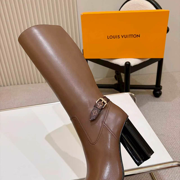 Brown Leather Knee High Boots With Block Heel