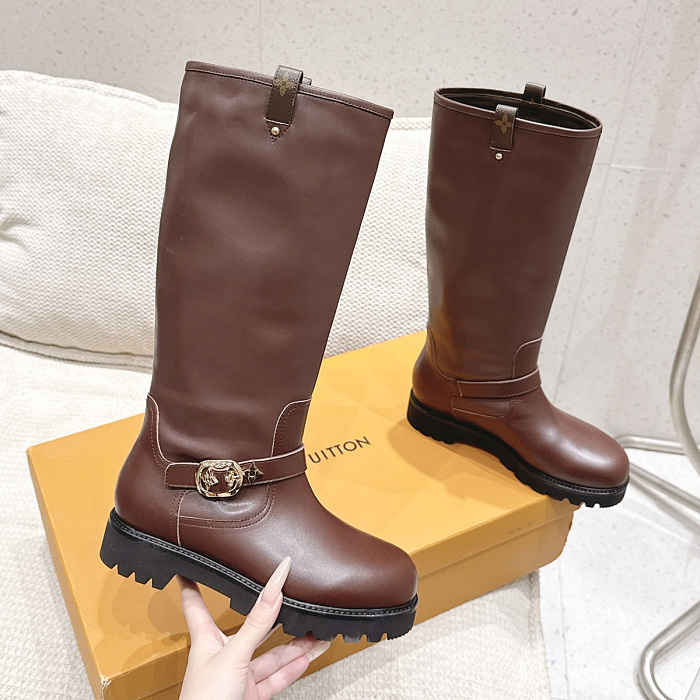 Brown Leather Knee High Boots With Chunky Lug Sole And Buckle Strap