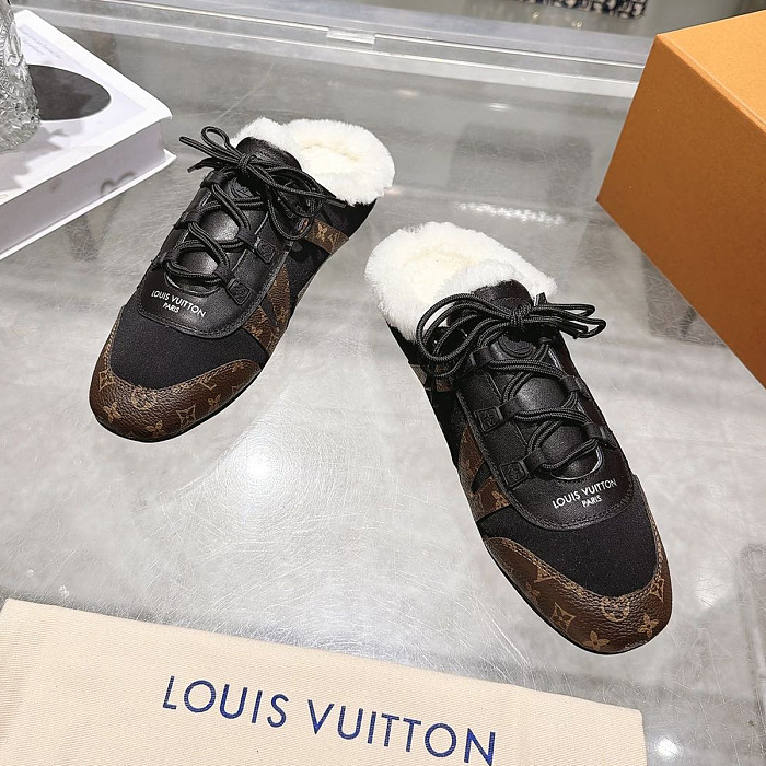 Furry Lined Backless Sneaker Mules With Monogram Trim And Laces