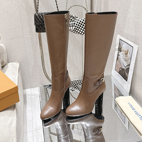Chunky Heeled Knee High Boots With Side Zipper And Buckle Detail