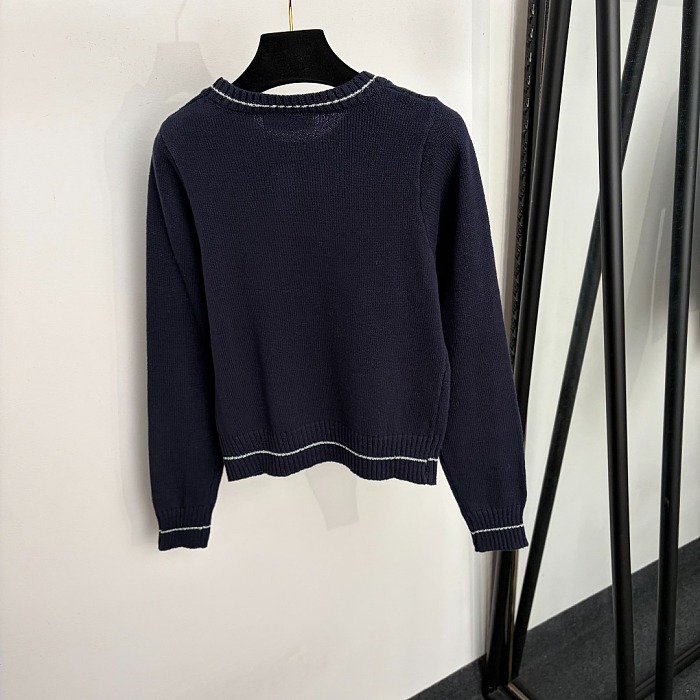 Metallic Letter Jacquard Bow Tie Long Sleeve Knit Sweater