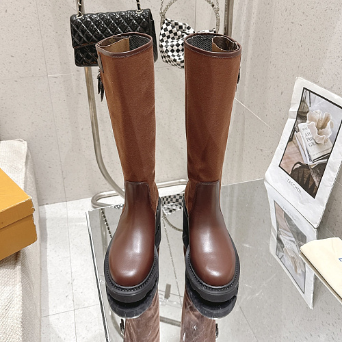 Brown Suede Leather Knee High Chunky Sole Boots