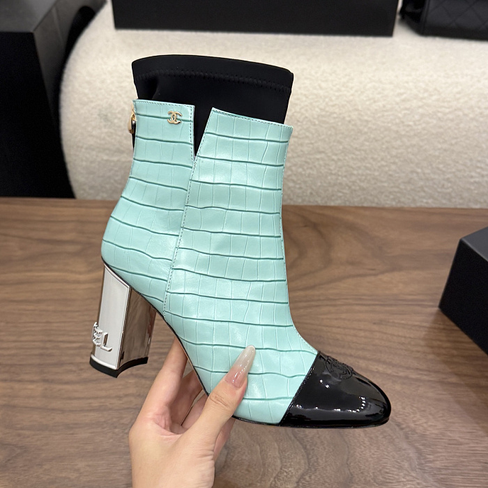 Mint Green Patent Cap Toe Chunky High Heel Boots
