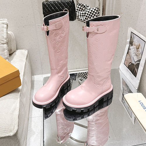 Pink Debossed Monogram Pattern Chunky Lug Sole Knee High Boots With Side Buckle