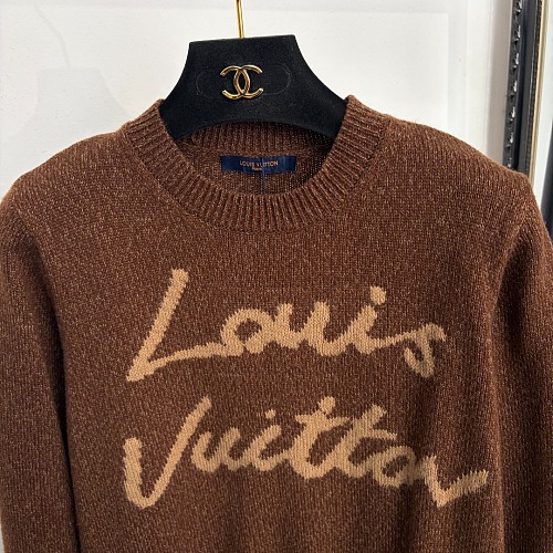 Brown Letter Print Crew Neck Wool Knit Pullover Sweater