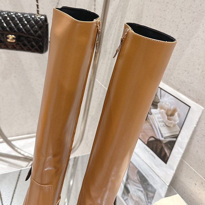 Chunky High Heel Leather Knee High Boots With Side Zip