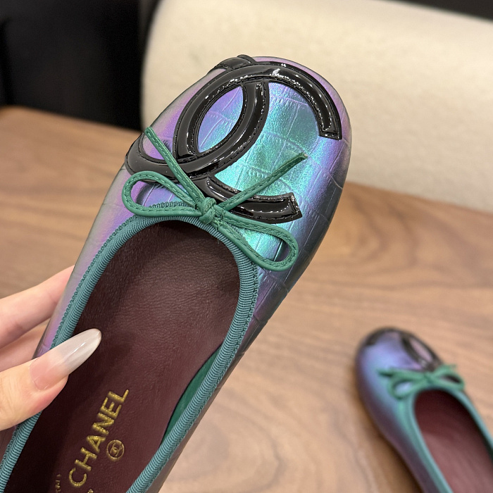 Iridescent Croc-Embossed Bow Ballet Flats