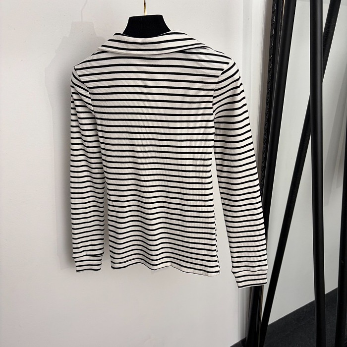 Minimalist Letter Embroidered Lapel Striped Long Sleeve Tee
