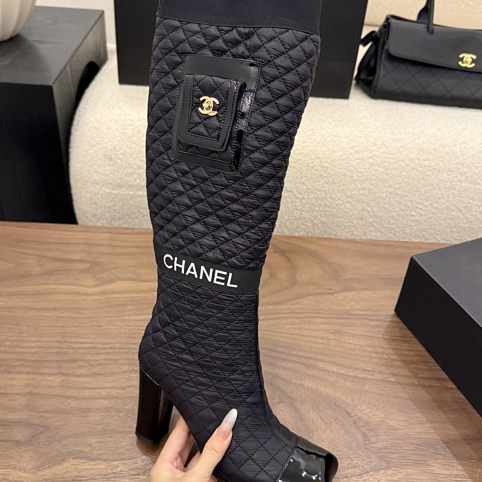 Quilted Fabric High Heel Boots With Patent Toe And Pocket