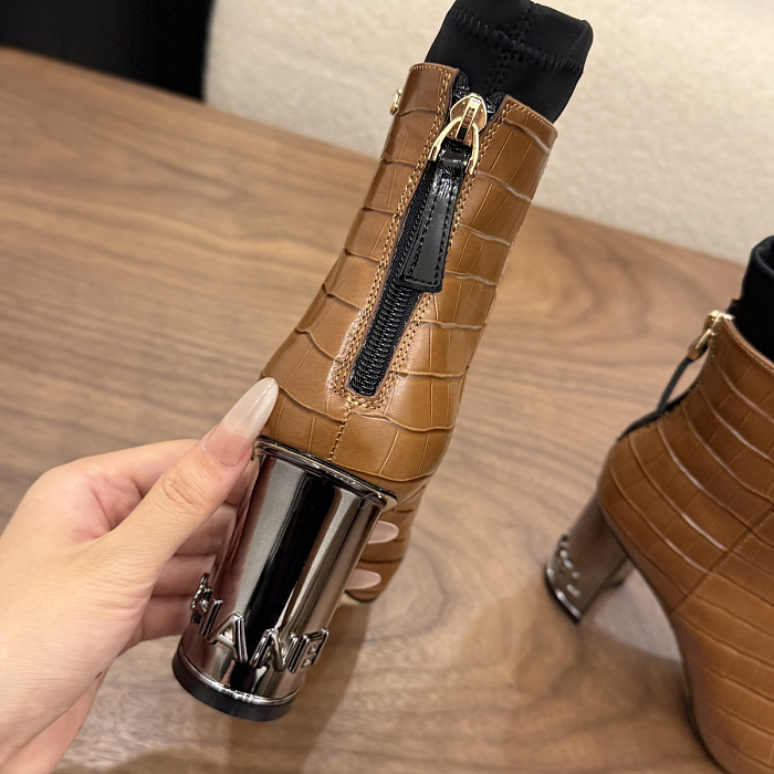 Caramel Brown Crocodile Embossed Patent Toe Block Heel Boots