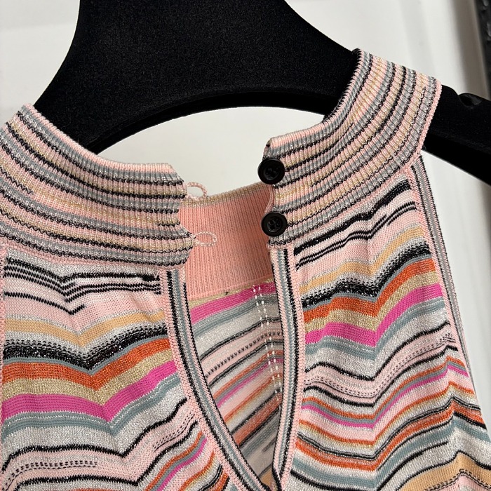 Colorful Wavy Striped Metallic Knit Halter Neck Maxi Dress