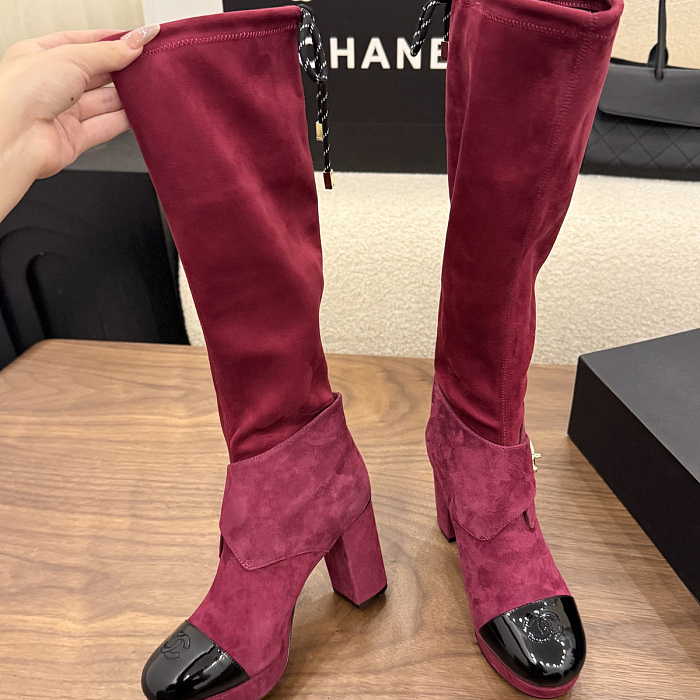 Burgundy Suede Patent Toe Chunky Heel Knee High Boots