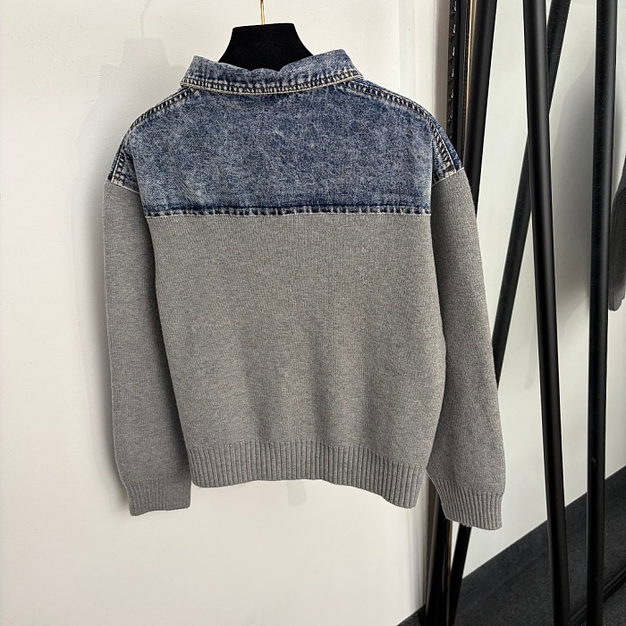 Bee Embroidered Denim Contrast Long Sleeve Knit Cardigan Jacket