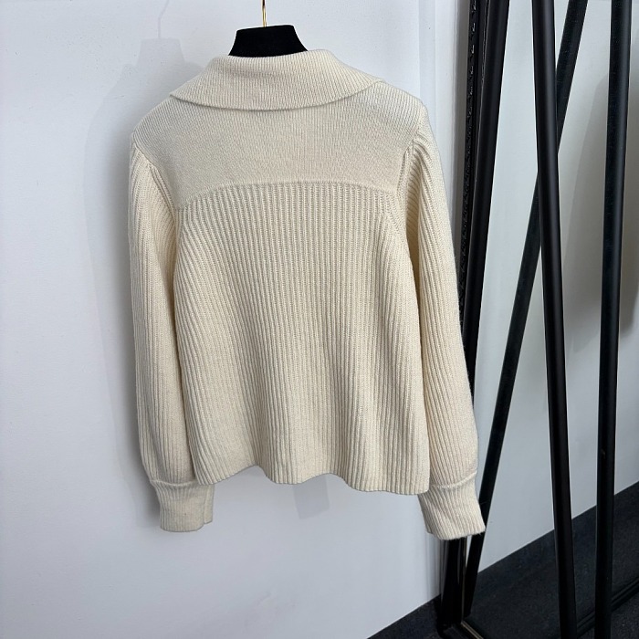 Dual Flap Pocket Lapel Zip Up Wool Knit Cardigan