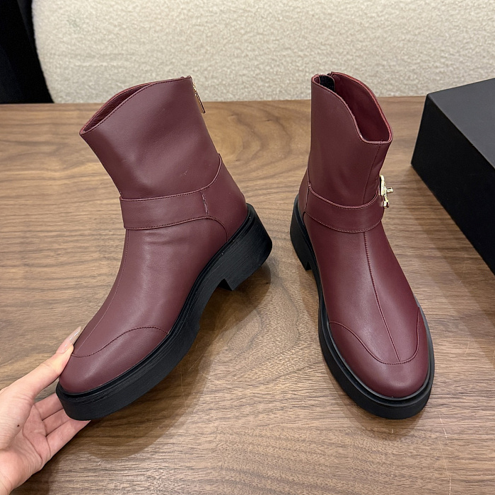 Burgundy Leather Ankle Boots With Chunky Soles And Side Buckle
