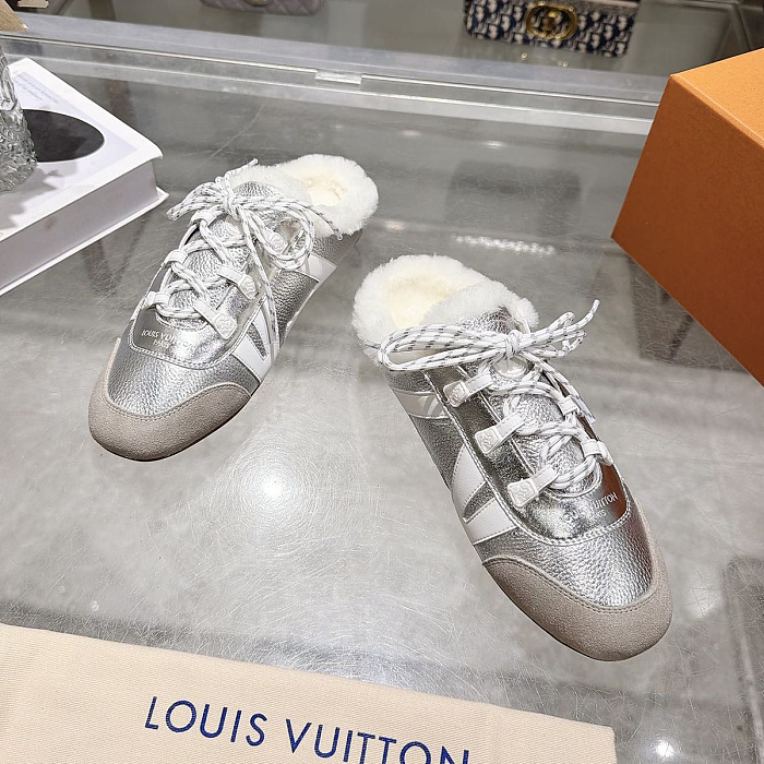 Silver Metallic Lace-Up Shearling Lined Mules