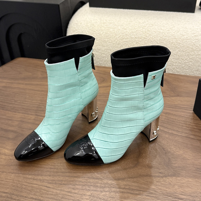 Mint Green Patent Cap Toe Chunky High Heel Boots