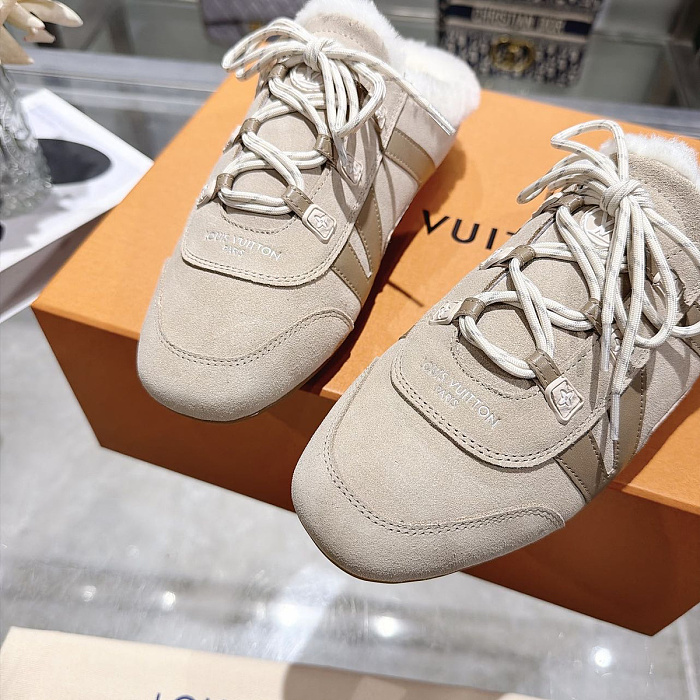 Furry Trim Lace Up Suede Mules