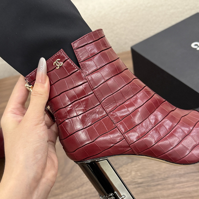 Chunky High Heel Two Tone Croc Embossed Stretch Boots