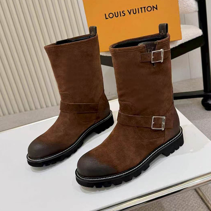 Brown Suede Mid-Calf Boots With Buckle Strap And Lug Sole