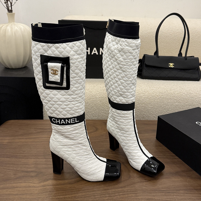 White Quilted Fabric High Heel Boots With Patent Toe And Pocket