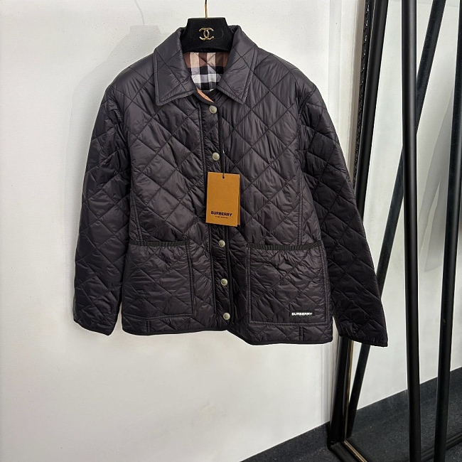 Plaid Lined Diamond Quilted Lapel Long Sleeve Puffer Jacket