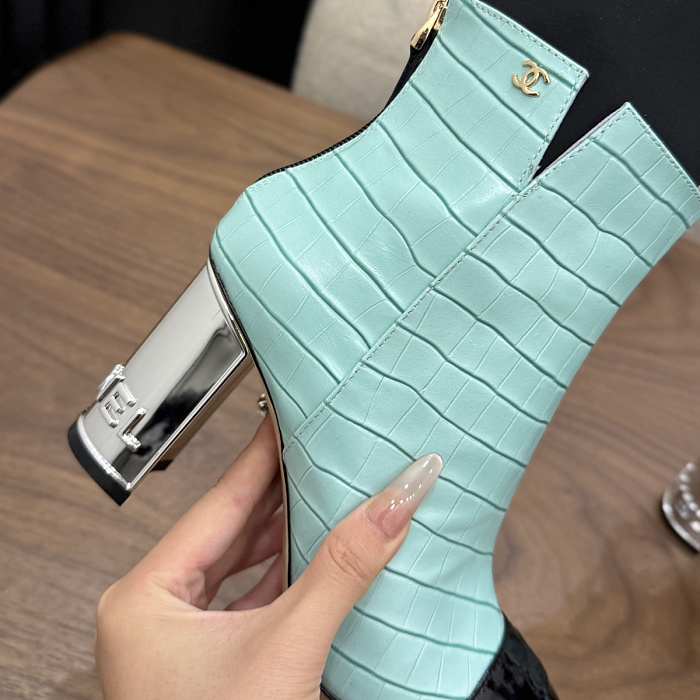 Chunky High Heel Two Tone Croc Embossed Long Boots with Black Stretch Shaft