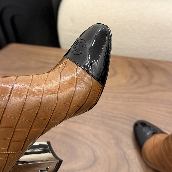 Caramel Brown Crocodile Embossed Patent Toe Block Heel Boots