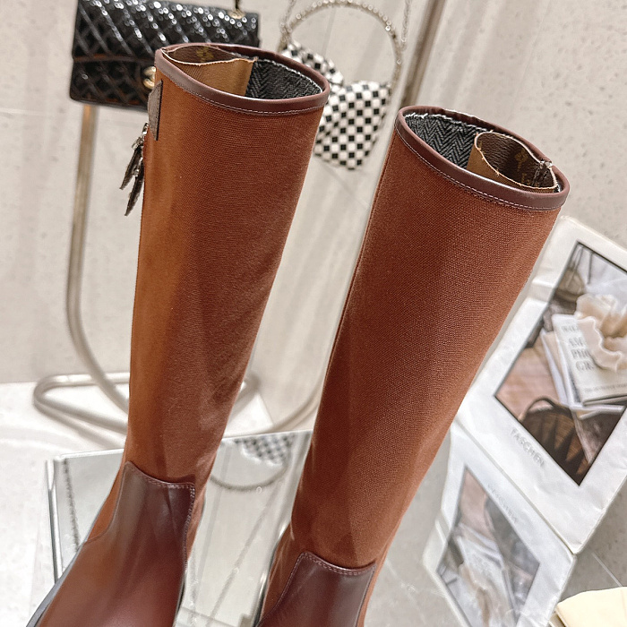 Brown Suede Leather Knee High Chunky Sole Boots