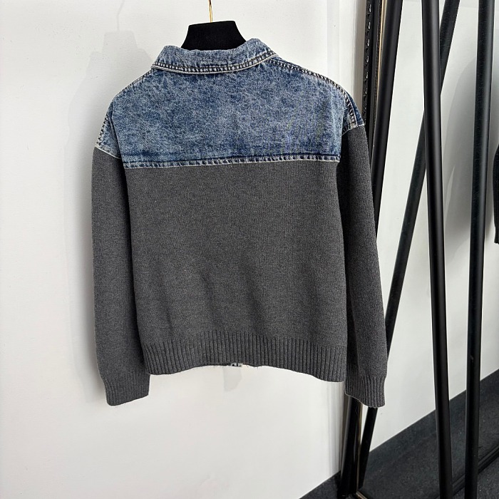 Bee Embroidered Denim Contrast Long Sleeve Knit Cardigan Jacket