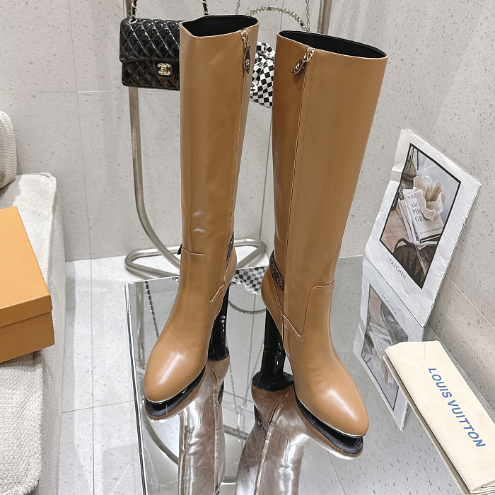 Chunky High Heel Leather Knee High Boots With Side Zip