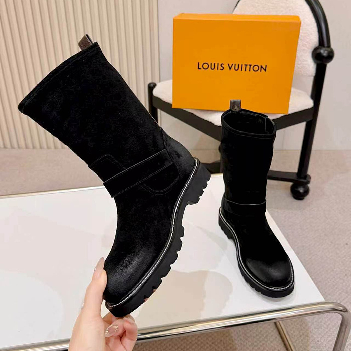 Chunky Lug Sole Suede Mid-Calf Boots With Buckle Strap