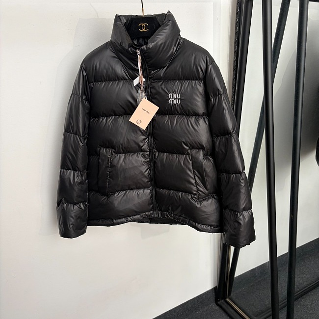 Letter Embroidered Mock Neck Long Sleeve Puffer Jacket