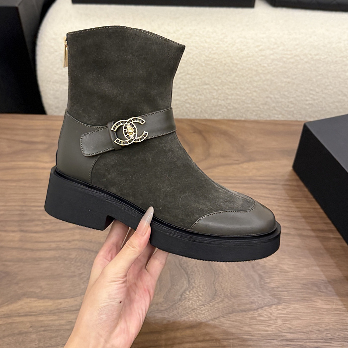 Chunky Platform Suede Ankle Boots With Metal Buckle Detail