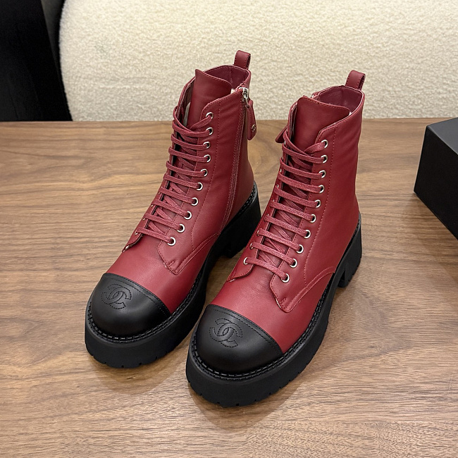Burgundy Contrast Cap Toe Lace Up Chunky Boots