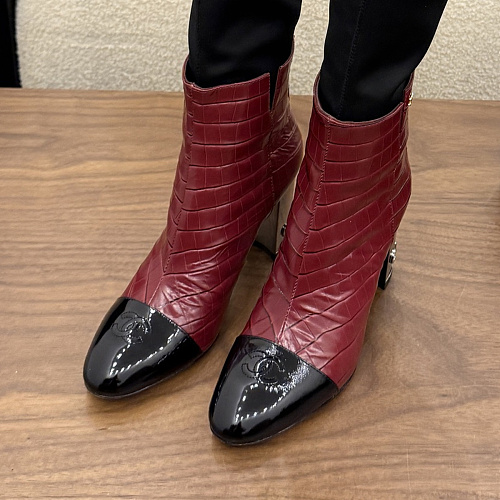 Chunky High Heel Two Tone Croc Embossed Stretch Boots
