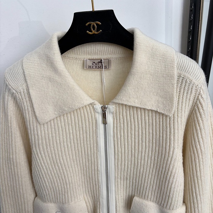 Dual Flap Pocket Lapel Zip Up Wool Knit Cardigan