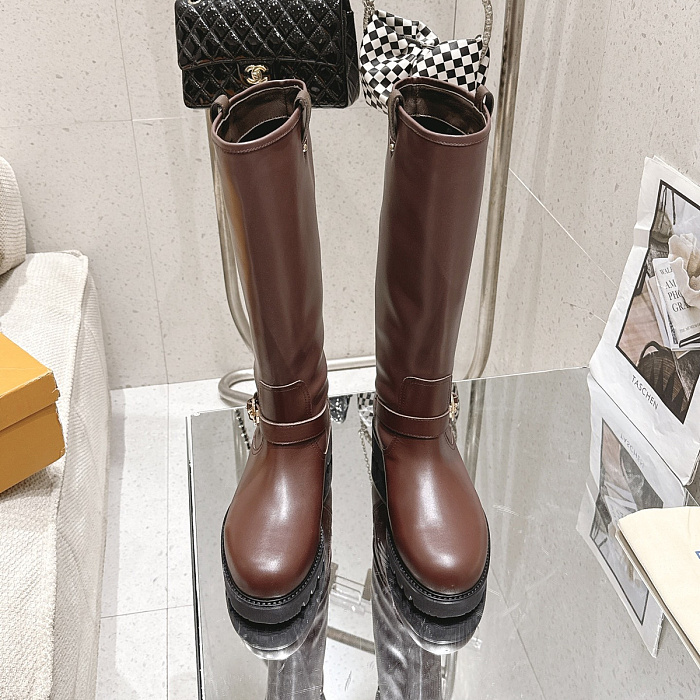 Brown Leather Knee High Boots With Chunky Lug Sole And Buckle Strap