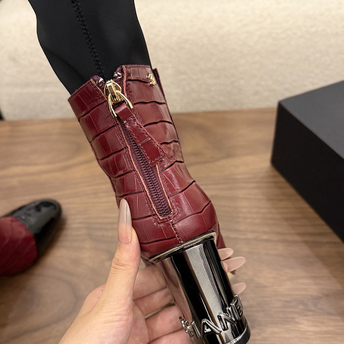Chunky High Heel Two Tone Croc Embossed Stretch Boots