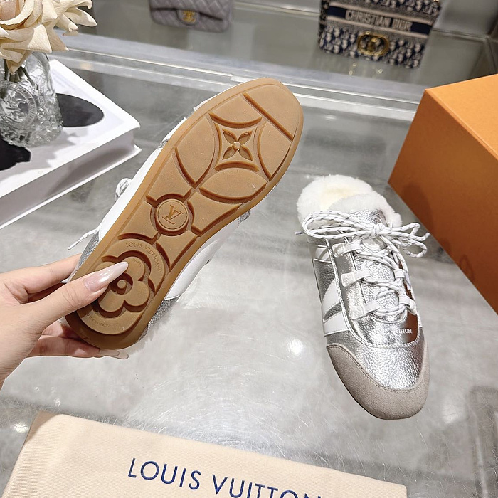 Silver Metallic Lace-Up Shearling Lined Mules