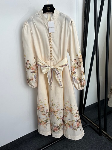 Floral Bird Print Tied Waist Long Sleeve Maxi Dress