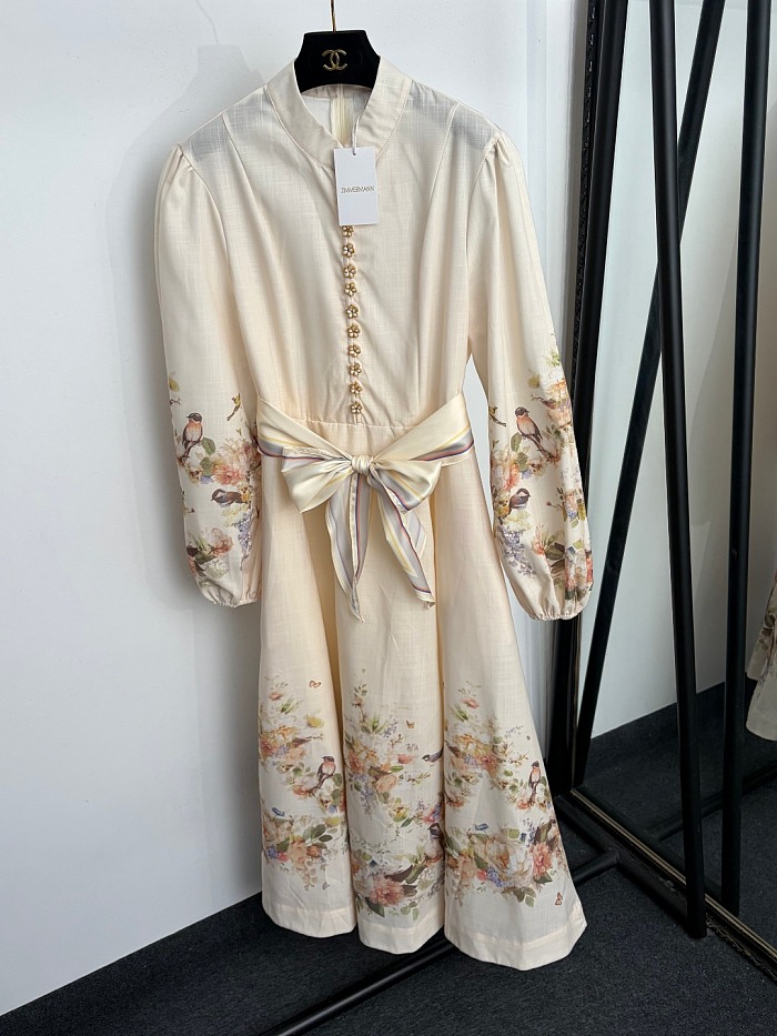 Floral Bird Print Tied Waist Long Sleeve Maxi Dress