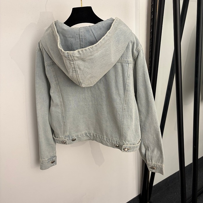 Distressed Bow Letter Embroidered Pocket Washed Denim Hooded Jacket